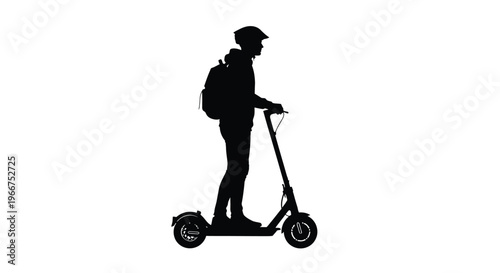 Silhouette of a young man riding an electric scooter with a backpack on