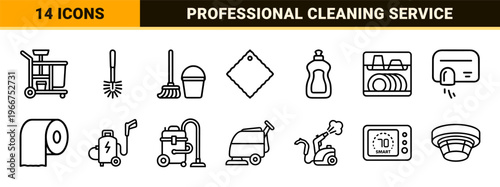 Professional Cleaning and Maintenance Service Icons, Minimalist Geometric Line Art, Janitorial Equipment and Facility Management Symbols.