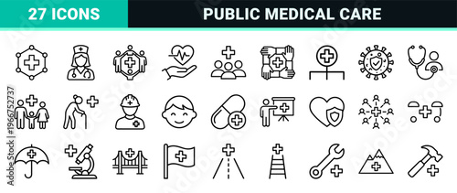 Social Medicine and Community Healthcare minimalist Monoline Icons featuring Public Health, Global Wellness, and Patient Support Symbols.