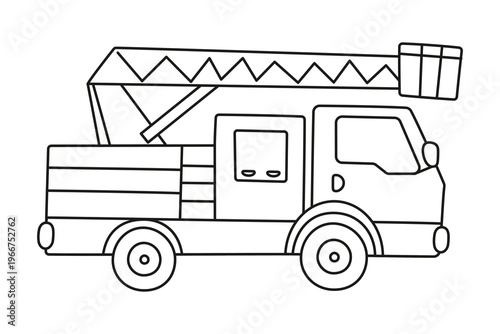 Black and white fire truck outline icon, clean line art for kids coloring pages and activity books. Emergency vehicle and city transport, simple cartoon vector illustration