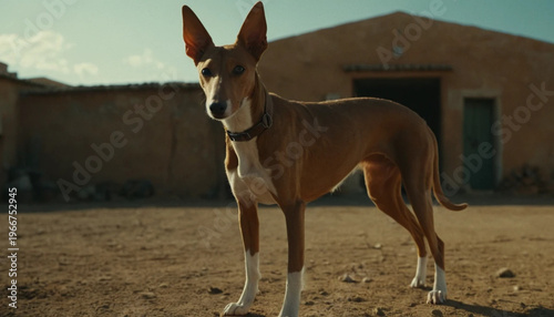 Striking Brown and White Dog Standing Outdoors in Rural Setting