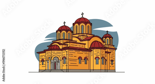 Stylized illustration of a domed church with red roofs and yellow walls