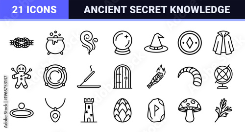 Mystical Magic and Sorcery Minimalist Monoline Geometric Line Art for Fantasy Gaming and Esoteric Interface Design Projects.