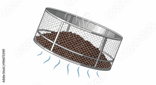 Drying cylindrical sieve containing small brown spheres, with steam rising and cool air flowing