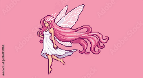 Pixel art fairy with long pink hair, white dress, and translucent wings on pink