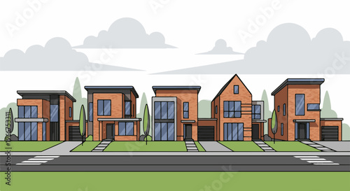 Row of modern brick houses with large windows and garages