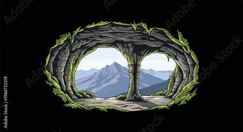 Pixel art cave opening reveals misty mountain landscape with ancient stone columns