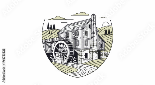 Rustic watermill in a pastoral setting with rolling hills
