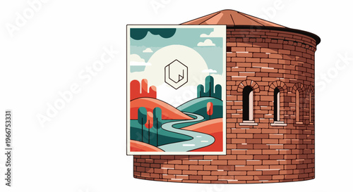 Stylized landscape painting within a brick tower