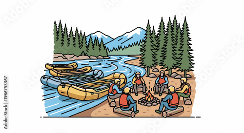 Group gathers around campfire by river with rafts and mountains