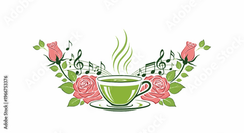 Delicate tea cup surrounded by roses and musical notes