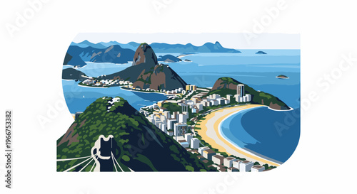 Panoramic view of a coastal city nestled between green mountains and blue waters