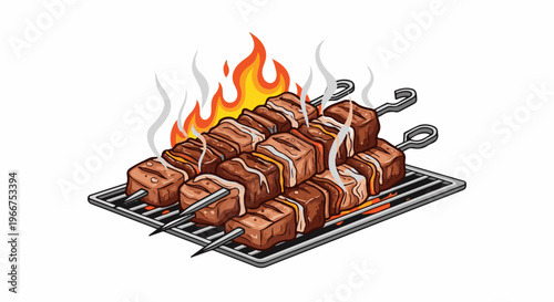 Savory meat skewers sizzling over flames on a grill rack