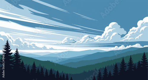 Serene mountain range with layered blue peaks under a dramatic sky with clouds