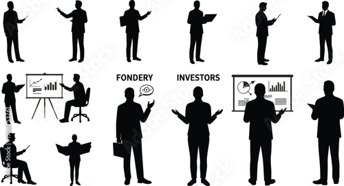 Business presentation silhouettes, corporate people with charts, office teamwork, investor meeting, leadership communication, management success, strategy discussion