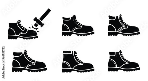Black boots with a hammer breaking one and additional boot variations