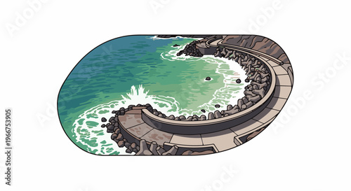 Crashing waves on a rocky, curved seawall with a pathway