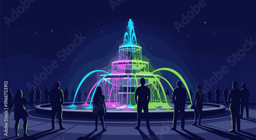 Crowd observes a multi-tiered fountain illuminated with neon pink and green lights