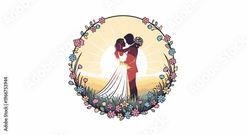 Silhouetted couple embracing in a floral wreath at sunrise