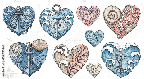 Vintage nautical heart illustrations, set of 9 ocean themed heart icons with anchors and coral, hand drawn maritime vector elements for summer branding