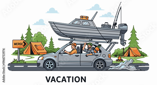 Two men in a car with a boat on top drive past tents and a campfire