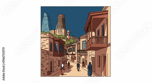 Historic narrow street with traditional buildings leading to modern skyscrapers