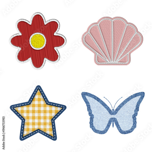 Variety of decorative embroidered fabric patches, showcasing a vibrant flower, delicate seashell, checkered star, and graceful butterfly designs