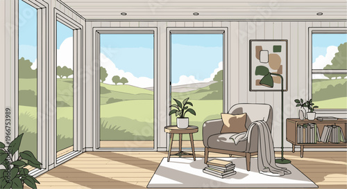 Cozy living room with large windows overlooking a scenic landscape