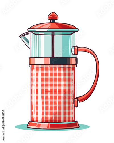 Red Plaid French Press Coffee Pot for Traditional Home Brewing Experience and Kitchen Interior Decoration Element - Vector Illustration