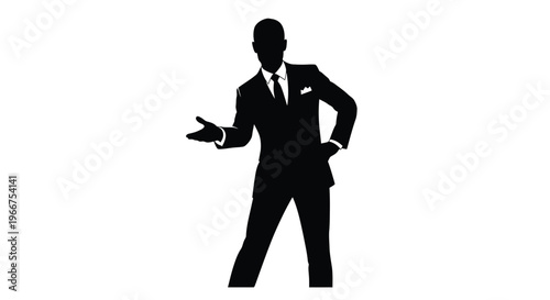 Businessman in a suit presenting with a confident gesture and a professional posture standing alone