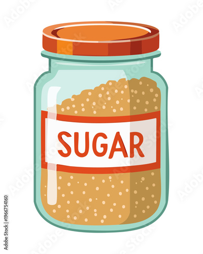 Sugar Container Glass Jar with Orange Label for Sweetening Coffee and Tea in Professional Kitchen Setup - Vector Illustration