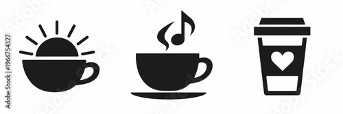 A mini cafe icon set combining dawn coffee, musical mug and heart takeaway cup, suited for trendy branding, breakfast promotions, social posts, and cozy drink themes.