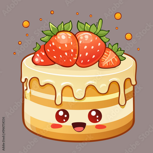 Happy Kawaii Sponge Cake with Fresh Strawberries and Cream Filling for Sweet Celebration and Birthday Party - Vector Illustration