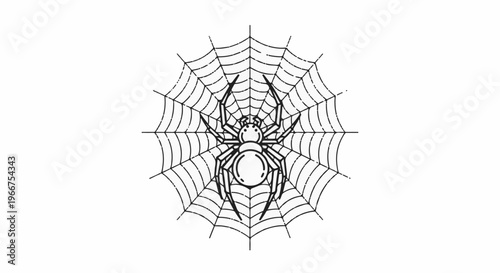 A black and white illustration of a spider on its web