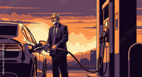A businessman in a suit refuels a car at a gas station at sunset