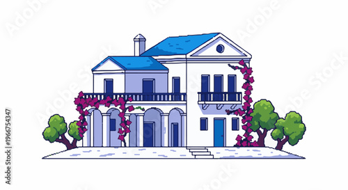 Pixelated white house with blue roof, balconies, and flowering vines
