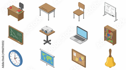 Isometric 3D icon set of classroom objects and furniture in a school setting
