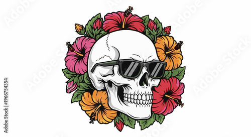 Cool skull wearing sunglasses, surrounded by vibrant hibiscus flowers
