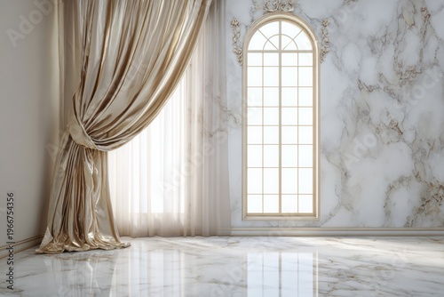 Opulent room with arched window, marble walls, and draped curtains.