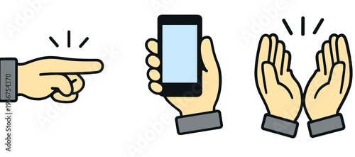 A trio of hand communication icons shows pointing, smartphone holding, and clapping palms. Useful for interaction, mobile actions, applause, presentation, and interface guidance themes.