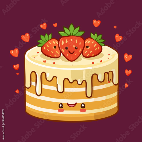 Cute Kawaii Layered Strawberry Cake Character on Dark Background for Sweet Shop and Bakery Promotion Concept - Vector Illustration