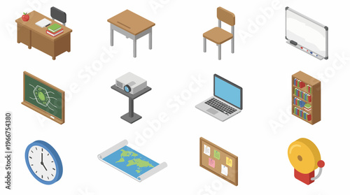 Isometric 3D icon set of classroom objects and educational equipment