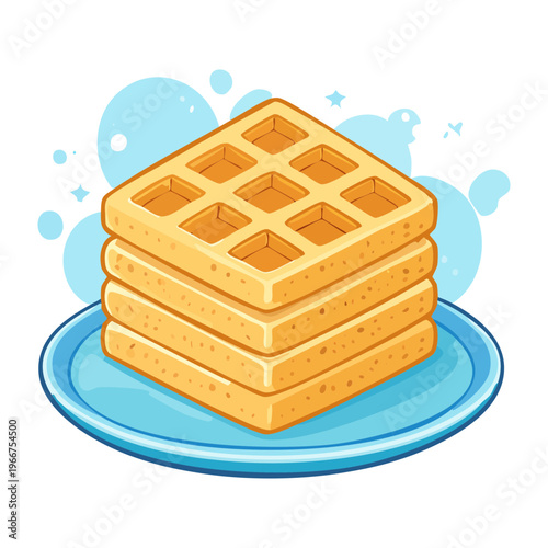 Stack of Delicious Golden Waffles on Blue Plate for Tasty Morning Breakfast and Sweet Dessert Concept - Vector Illustration