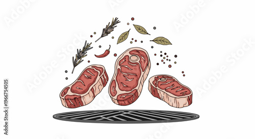 Raw steaks, herbs, spices, and grill grate in a dynamic arrangement