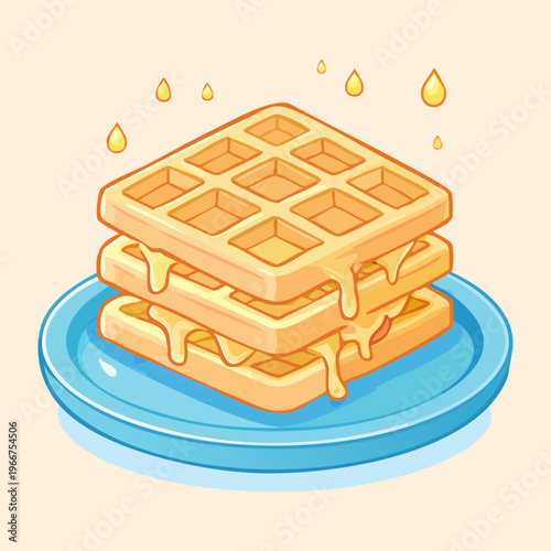 Golden Brown Waffles with Honey Drizzle on Plate for Sweet Morning Treat and Cafe Breakfast Menu - Vector Illustration