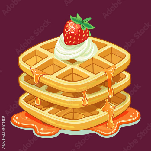 Smiling Kawaii Belgian Waffles with Syrup and Strawberry for Sweet Breakfast and Bakery Advertising Concept - Vector Illustration