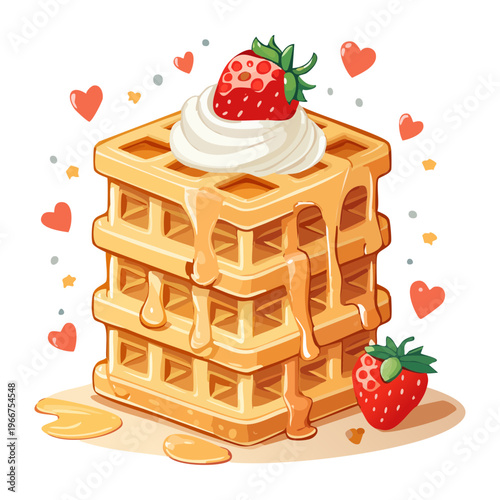 Adorable Kawaii Waffle Character with Whipped Cream and Berry for Sweet Snack and Kids Menu Decoration - Vector Illustration
