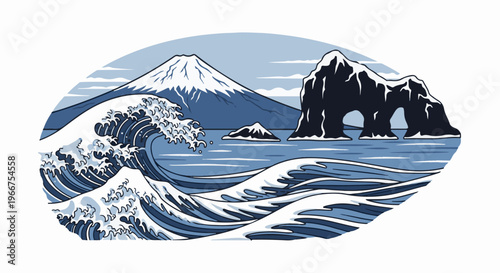 Majestic waves crash near snow-capped peaks and a sea arch in blue