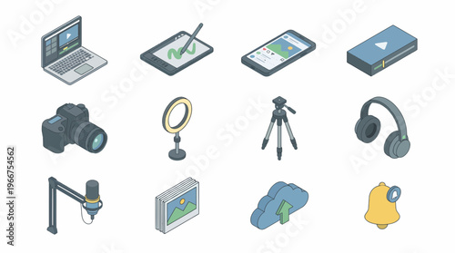 A 3D isometric set of icons featuring various devices and equipment for content creation.