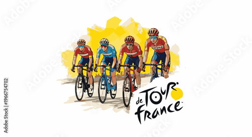 Cyclists in racing attire pedal together against a yellow abstract background